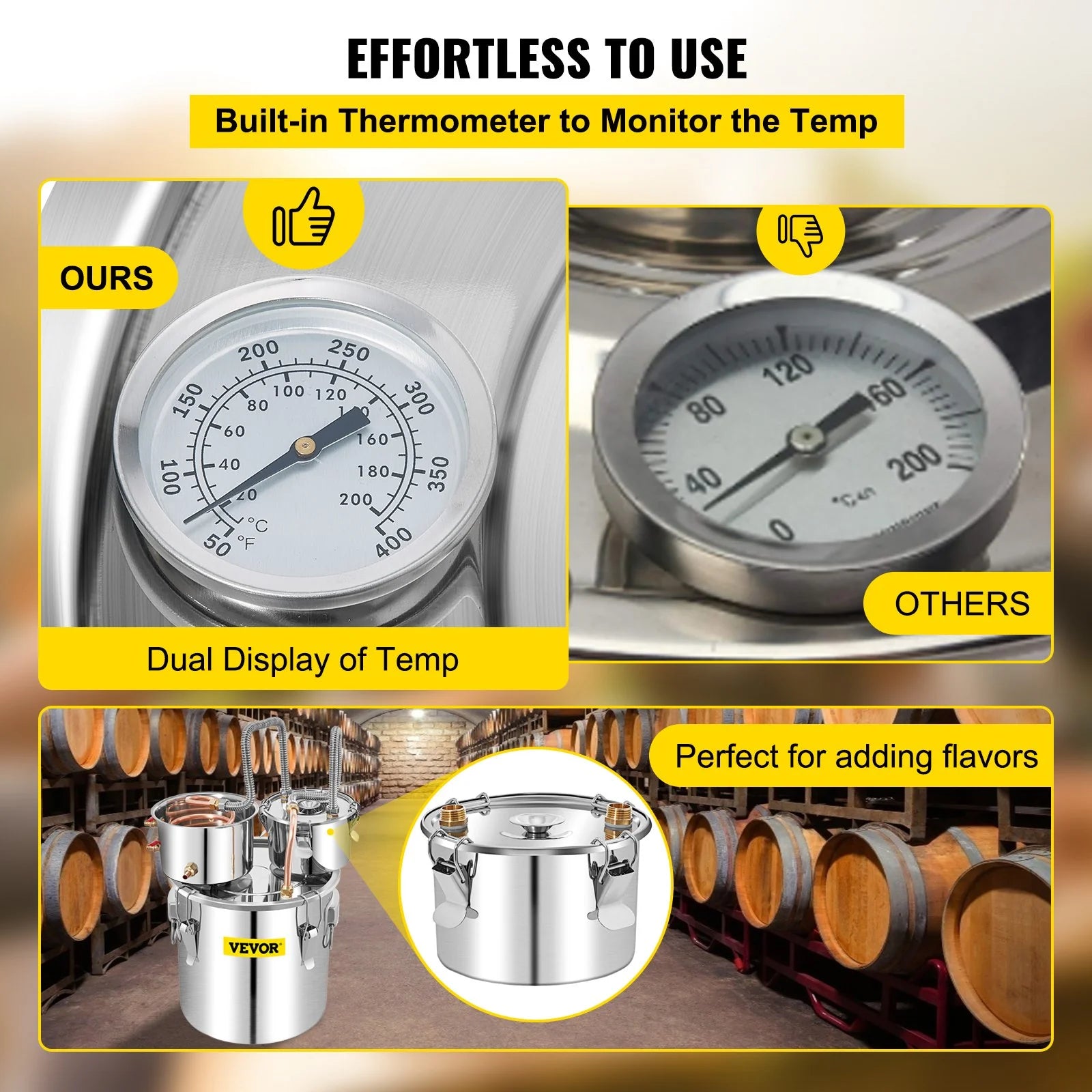 VEVOR Alcohol Still, 13.2Gal / 50L Stainless Steel Water Alcohol Distiller Copper Tube Home Brewing Kit Build-In Thermometer for DIY Whisky Wine Brandy, Silver