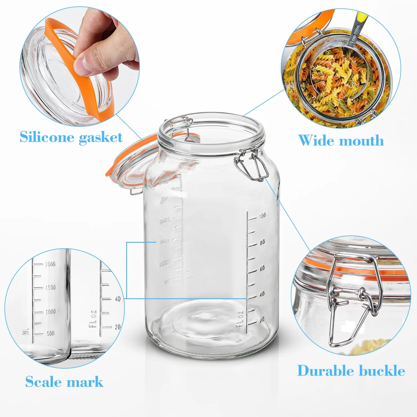 2 Pack 1.1 Gallon  Food Storage Glass Clamp Jar with Hinged Lids, Airtight Large Capacity Jar for Pickle 142 Oz Clear