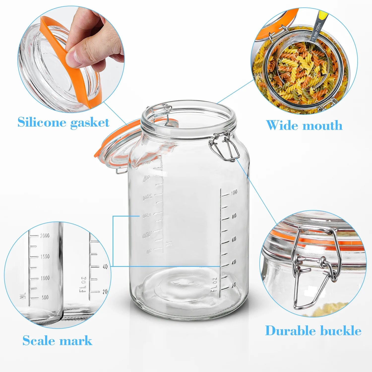 2 Pack 1.1 Gallon  Food Storage Glass Clamp Jar with Hinged Lids, Airtight Large Capacity Jar for Pickle 142 Oz Clear