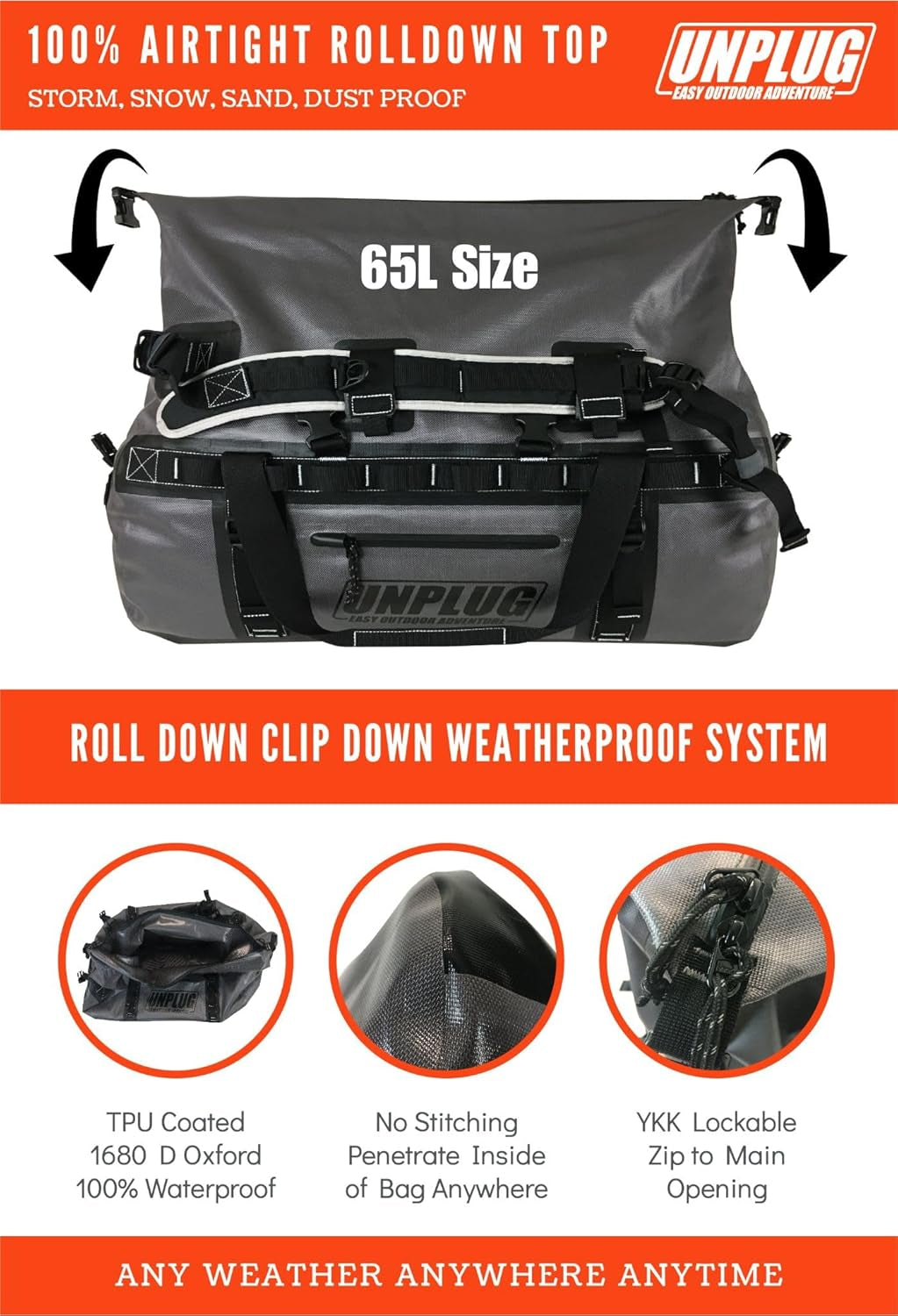 UNPLUG Ultimate Adventure Bag | 1680D Heavy Duty Waterproof Bag | Large Travel Duffle Bag Which Can Be Used for Camping, Motorcycling, Boating, or Hunting