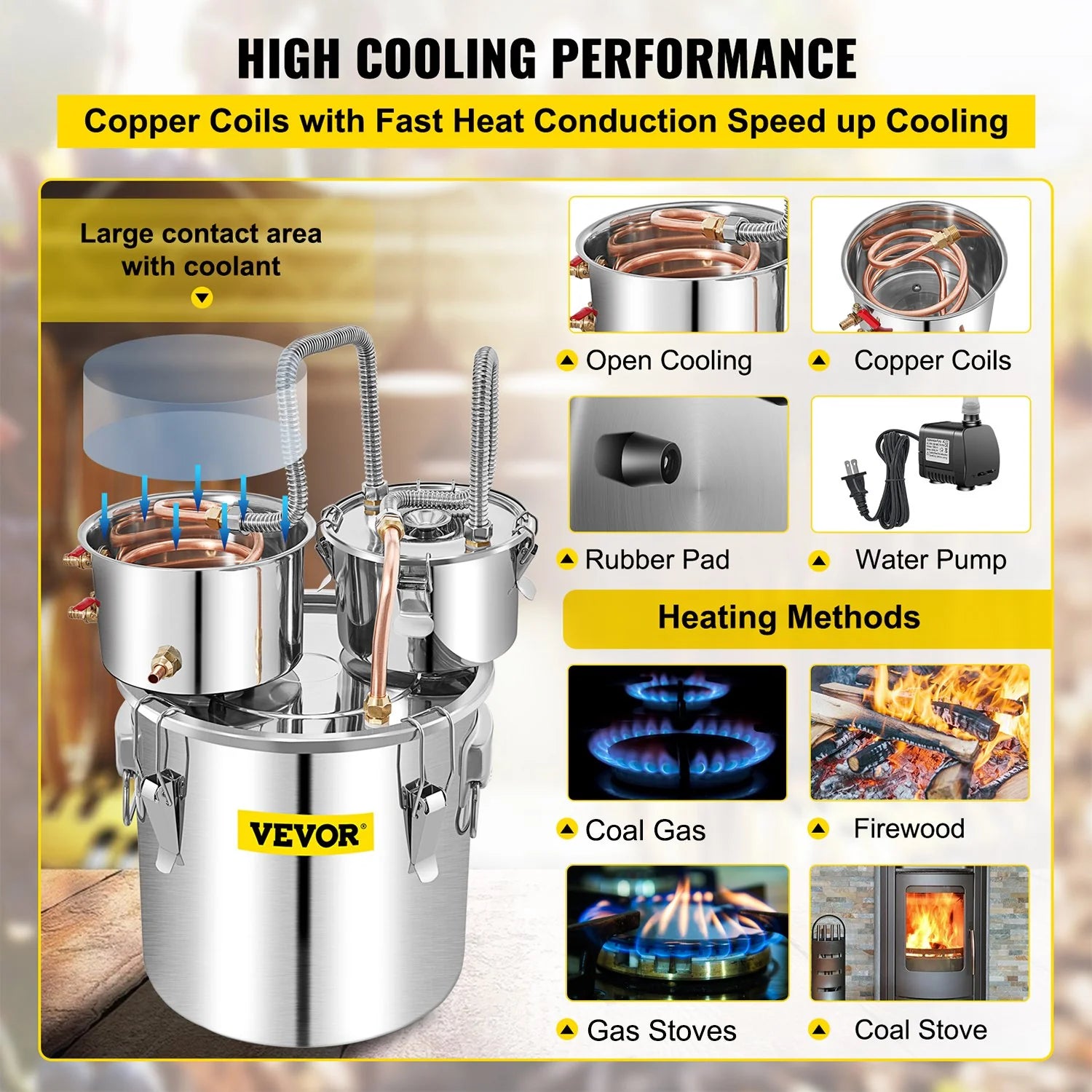 VEVOR Alcohol Still, 13.2Gal / 50L Stainless Steel Water Alcohol Distiller Copper Tube Home Brewing Kit Build-In Thermometer for DIY Whisky Wine Brandy, Silver