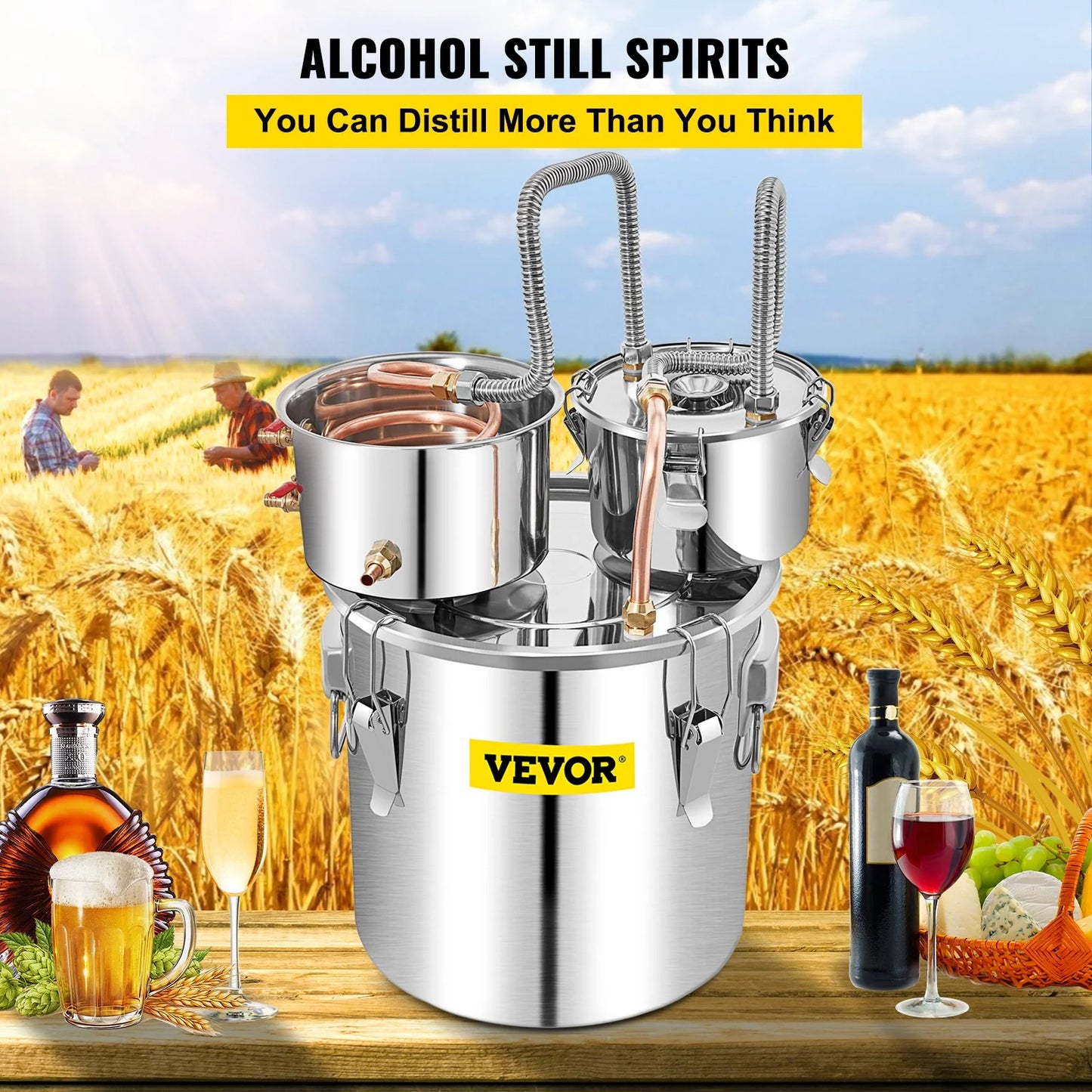 VEVOR Alcohol Still, 13.2Gal / 50L Stainless Steel Water Alcohol Distiller Copper Tube Home Brewing Kit Build-In Thermometer for DIY Whisky Wine Brandy, Silver
