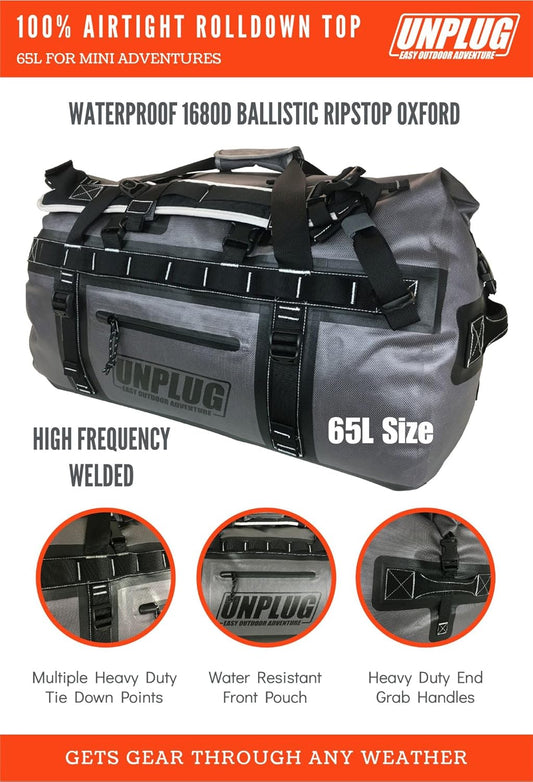 UNPLUG Ultimate Adventure Bag | 1680D Heavy Duty Waterproof Bag | Large Travel Duffle Bag Which Can Be Used for Camping, Motorcycling, Boating, or Hunting