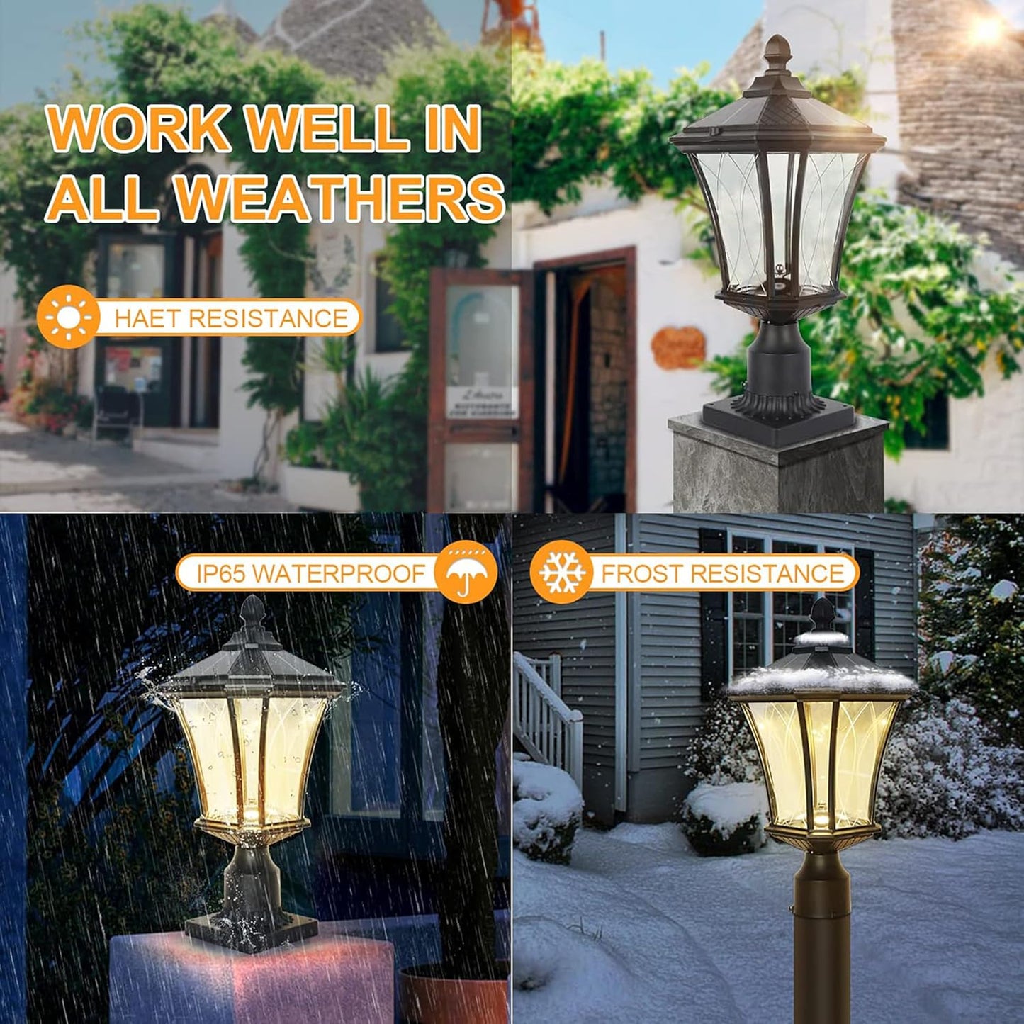 Solar Post Lights Dusk to Dawn Outdoor Solar Lamps with Pier Mount Base, Waterproof Exterior Pole Lights Head with Patterned Glass, Pillar Light for outside House, Driveway, Black