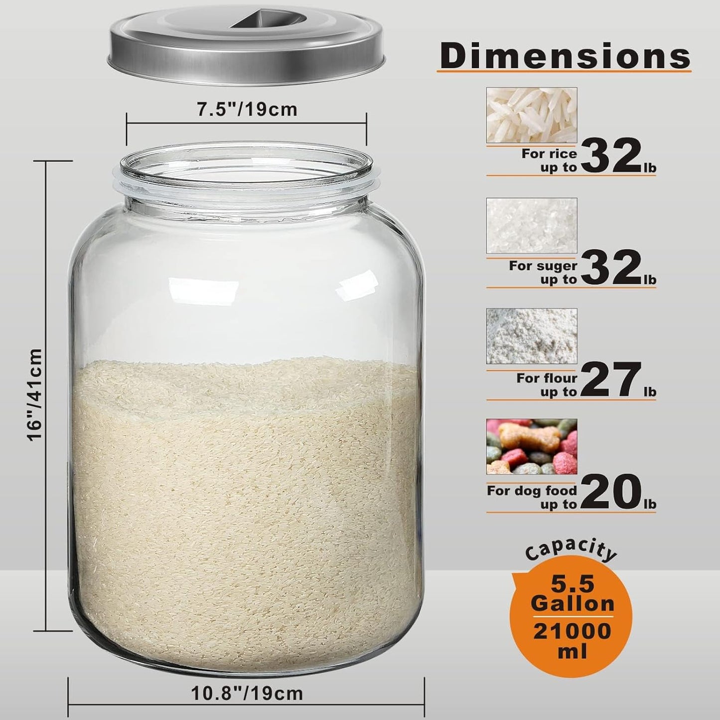 Large Storage Glass Jars with Metal Lids, 5.5 Gallon (21000 ML) Canisters - Supe