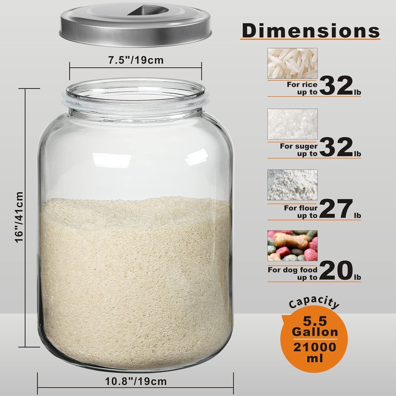 Large Storage Glass Jars with Metal Lids, 5.5 Gallon (21000 ML) Canisters - Supe