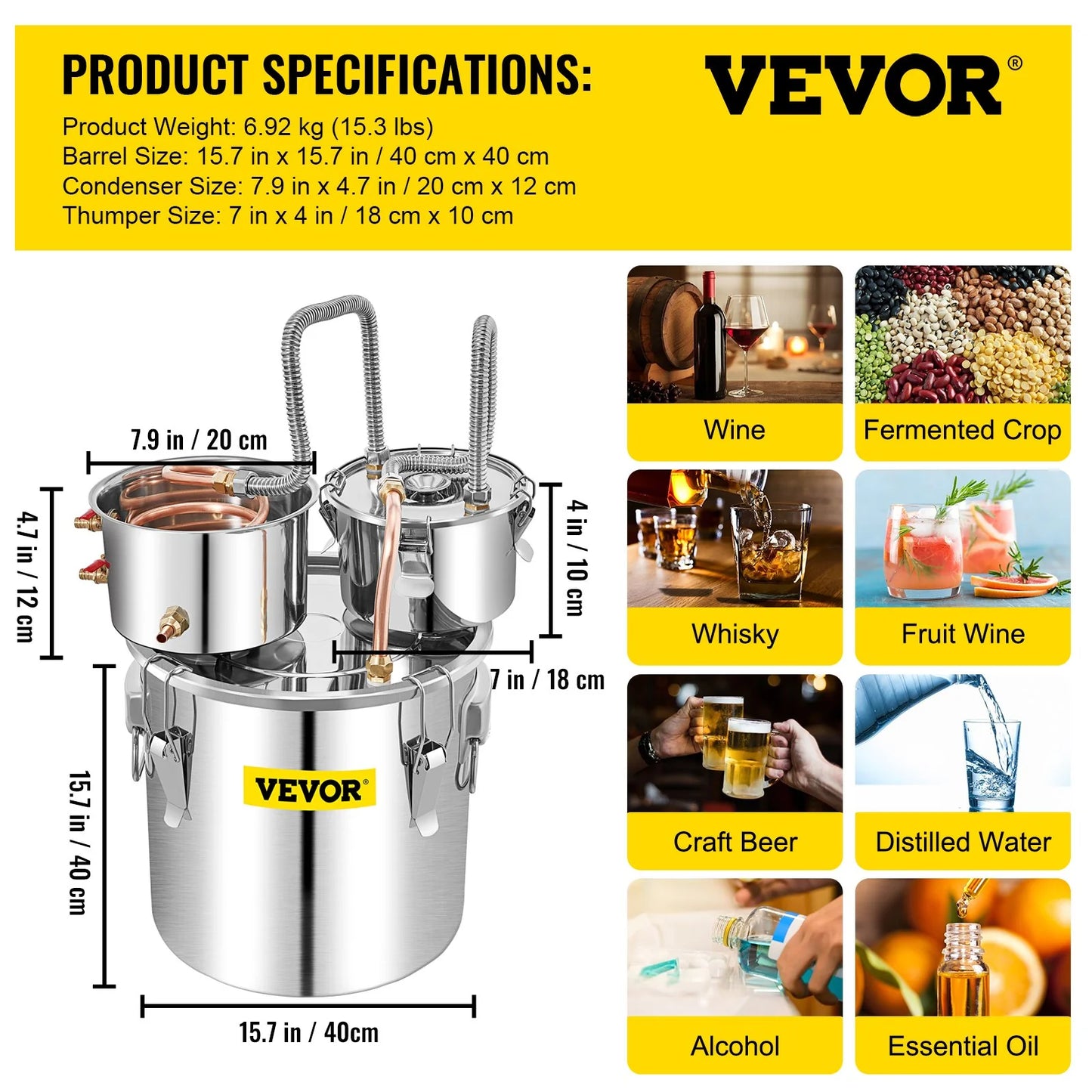 VEVOR Alcohol Still, 13.2Gal / 50L Stainless Steel Water Alcohol Distiller Copper Tube Home Brewing Kit Build-In Thermometer for DIY Whisky Wine Brandy, Silver