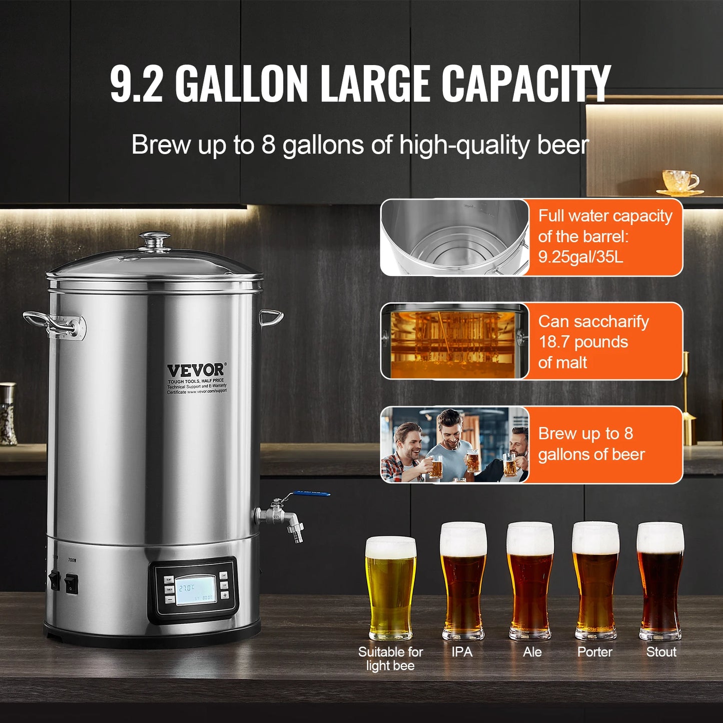 Electric Brewing System 8 GALLON Brewing Stock Pot All-In-One Home Beer Brewer 304 Stainless Steel Brewing Supplies