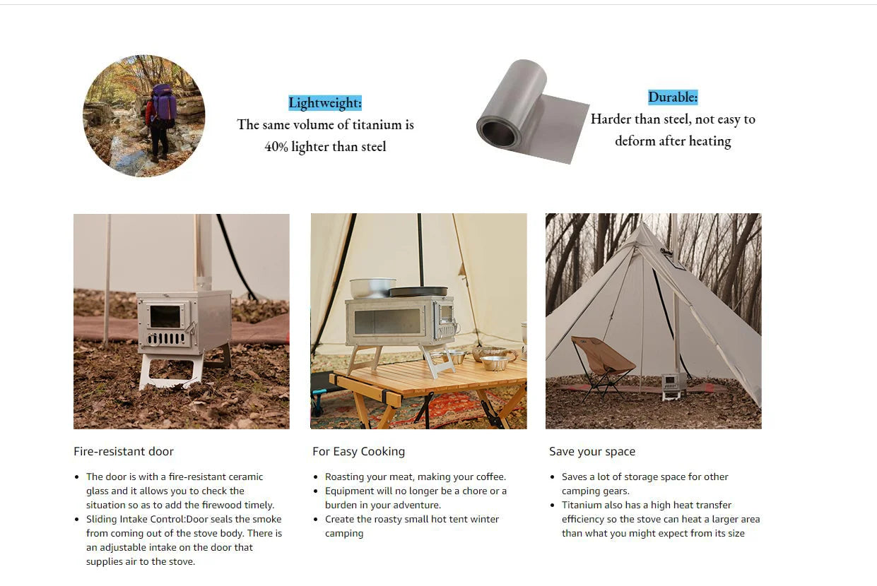 Portable Camping Tent Stove Ultralight Stainless Steel Foldable Wood Burner Stove with Glass Windowstent Heaters for Outdoor