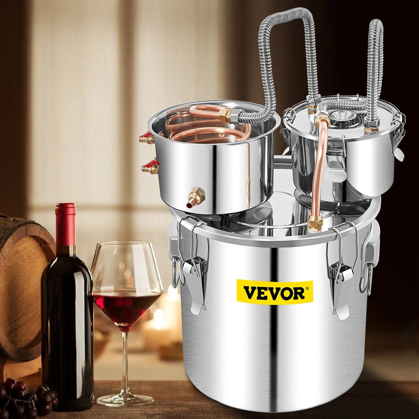 VEVOR Alcohol Still, 13.2Gal / 50L Stainless Steel Water Alcohol Distiller Copper Tube Home Brewing Kit Build-In Thermometer for DIY Whisky Wine Brandy, Silver