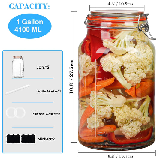 2 Pack 1.1 Gallon  Food Storage Glass Clamp Jar with Hinged Lids, Airtight Large Capacity Jar for Pickle 142 Oz Clear