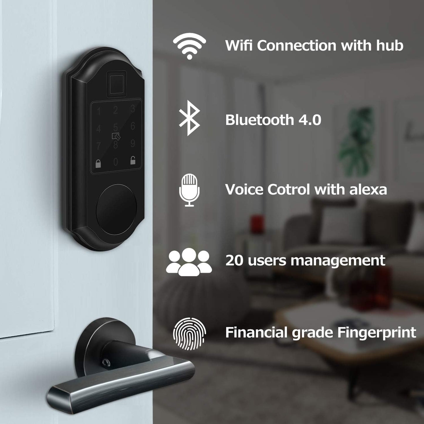 Smart Lock, Fingerprint Electronic Deadbolt Door Lock, Keyless Entry, Compatible with Alexa, Google Assistant - Black
