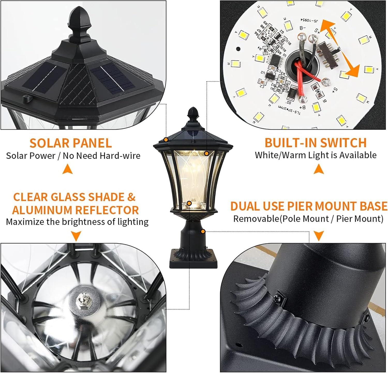 Solar Post Lights Dusk to Dawn Outdoor Solar Lamps with Pier Mount Base, Waterproof Exterior Pole Lights Head with Patterned Glass, Pillar Light for outside House, Driveway, Black