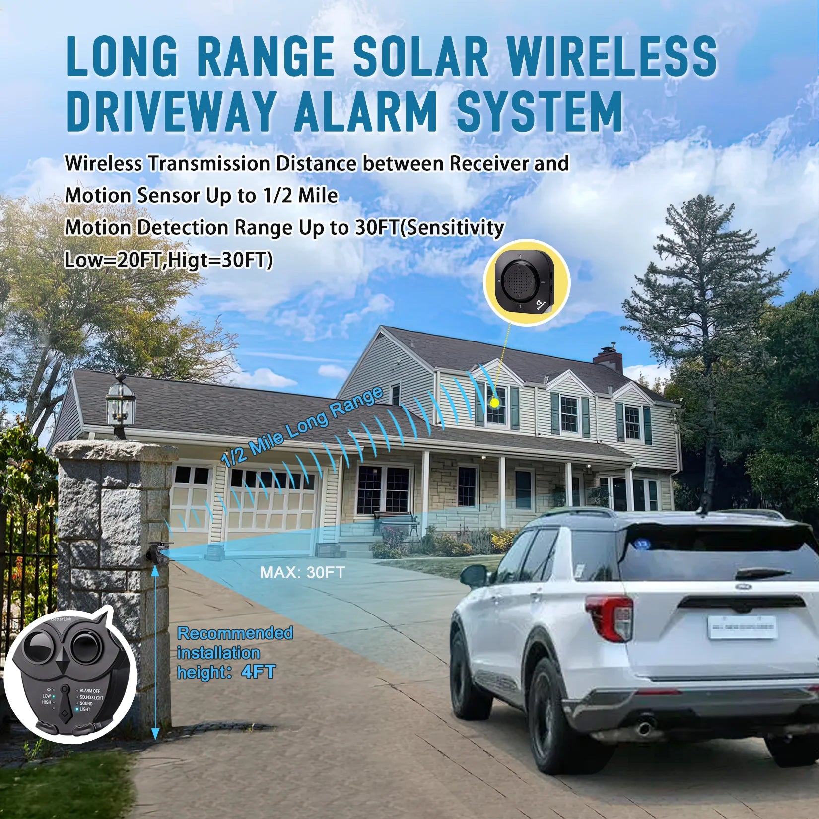 1/2 Mile Long Range Solar Wireless Driveway Alarm System IP65 Weatherproof Outdoor Motion Detectors&Sensor 120Db Siren Sound Light Security Alert System Monitor&Protect Outdoor/Indoor Property