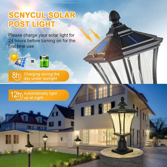 Solar Post Lights Dusk to Dawn Outdoor Solar Lamps with Pier Mount Base, Waterproof Exterior Pole Lights Head with Patterned Glass, Pillar Light for outside House, Driveway, Black