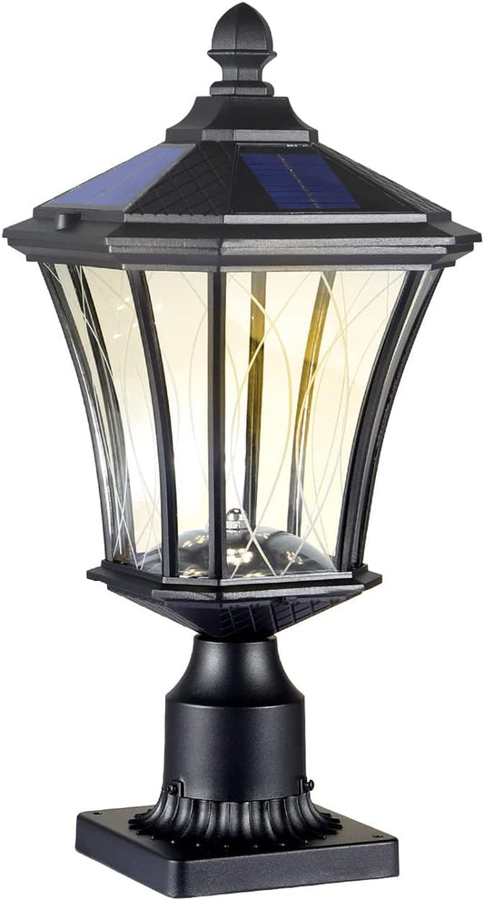 Solar Post Lights Dusk to Dawn Outdoor Solar Lamps with Pier Mount Base, Waterproof Exterior Pole Lights Head with Patterned Glass, Pillar Light for outside House, Driveway, Black