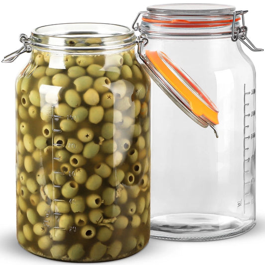 2 Pack 1.1 Gallon  Food Storage Glass Clamp Jar with Hinged Lids, Airtight Large Capacity Jar for Pickle 142 Oz Clear