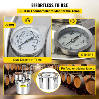 VEVOR Alcohol Still, 13.2Gal / 50L Stainless Steel Water Alcohol Distiller Copper Tube Home Brewing Kit Build-In Thermometer for DIY Whisky Wine Brandy, Silver