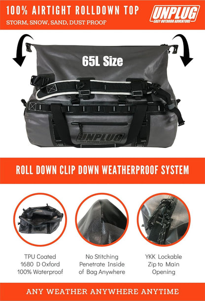 UNPLUG Ultimate Adventure Bag | 1680D Heavy Duty Waterproof Bag | Large Travel Duffle Bag Which Can Be Used for Camping, Motorcycling, Boating, or Hunting