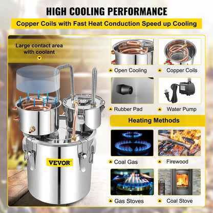 VEVOR Alcohol Still, 13.2Gal / 50L Stainless Steel Water Alcohol Distiller Copper Tube Home Brewing Kit Build-In Thermometer for DIY Whisky Wine Brandy, Silver