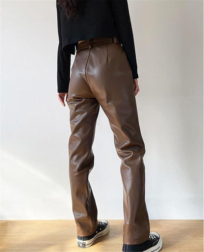 Women Faux Leather Pants High Waist Wide Leg Vintage Pu Trousers Y2K Sexy Baggy Straight Leather Pants Streetwear