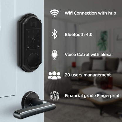 Smart Lock, Fingerprint Electronic Deadbolt Door Lock, Keyless Entry, Compatible with Alexa, Google Assistant - Black